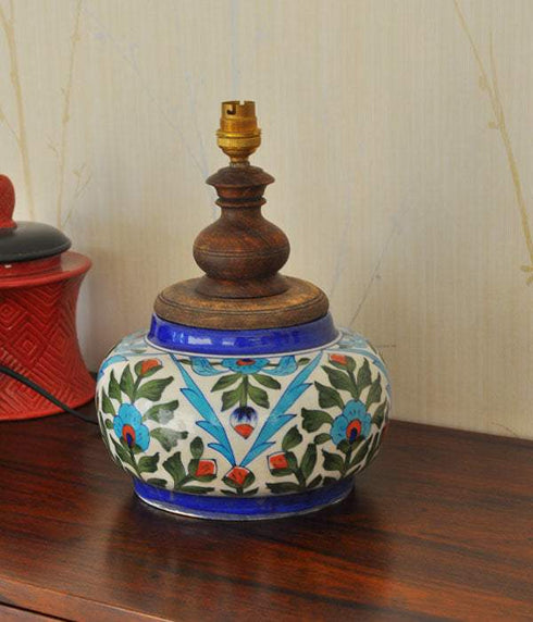 Turquoise Flowers and Lime Green Leaves with White Table Lamp01 (Without Lampshade)